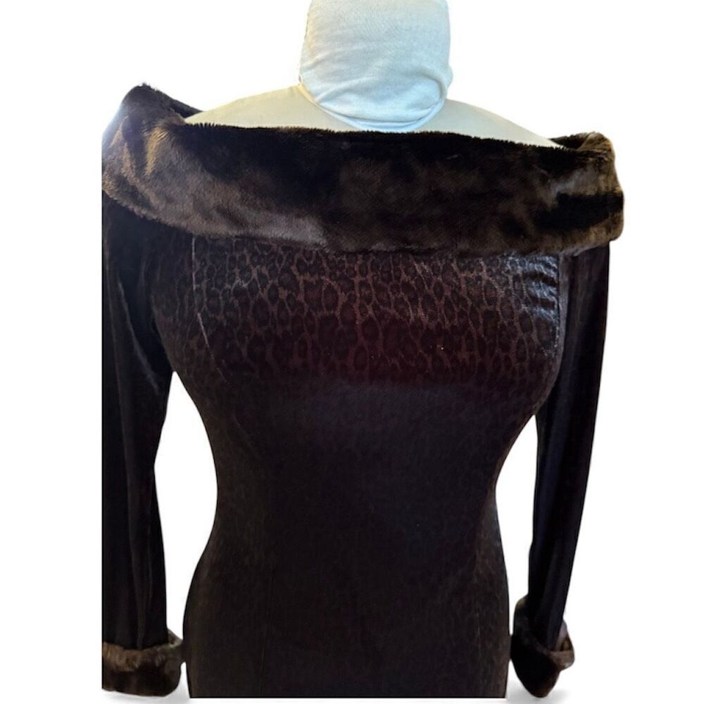 Joseph Ribkoff Vintage Velvet Leopard Off The Shoulder Dress Sz. 6Faux Fur - Picture 4 of 7